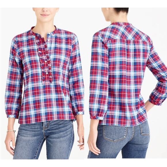 J. Crew Tops - J. Crew Mercantile Ruffle Flannel Shirt Blue Red Plaid J6456 Size M